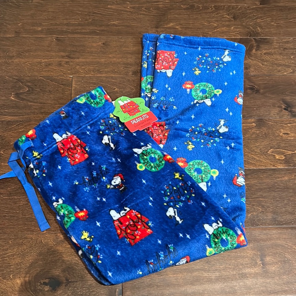 Peanuts womens Christmas Lights Snoopy Plush Pajama Pants New Sz XL Blue